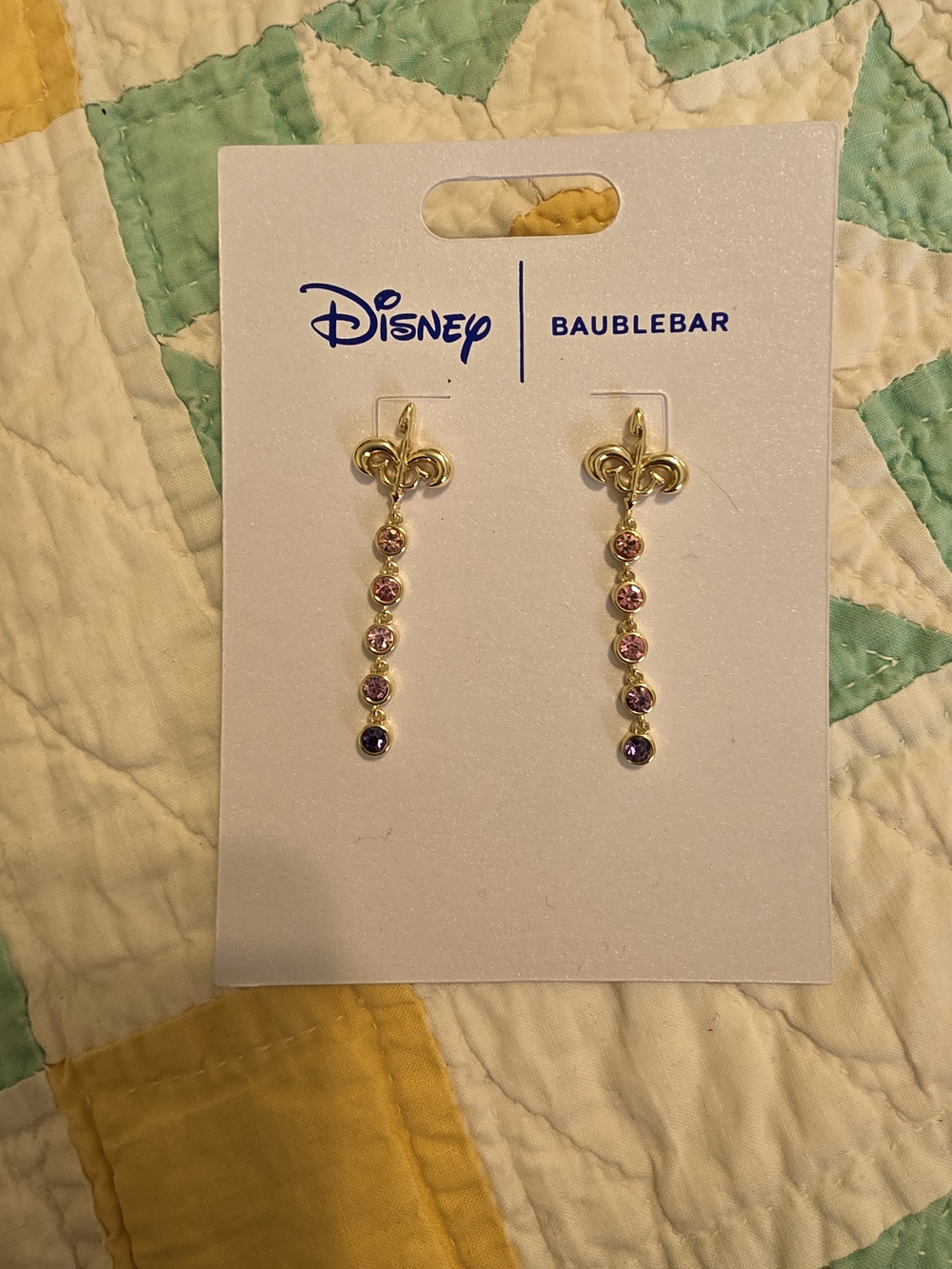 BaubleBar Gold Fleur-de-Lis Drop Earrings with Pink and Purple Stones